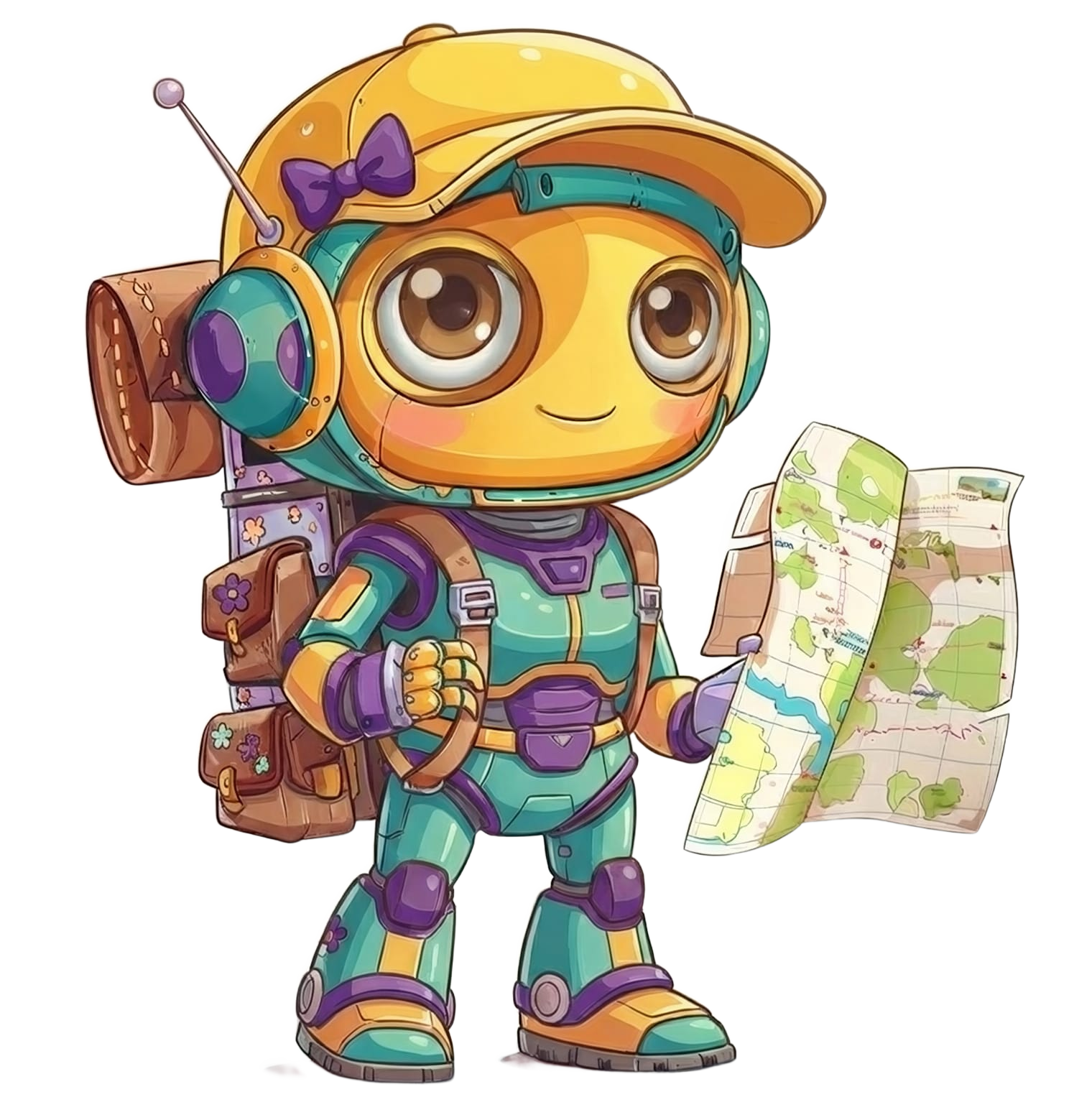 AlícIA, a robô condutora do IAventuras, segurando um mapa de aventuras